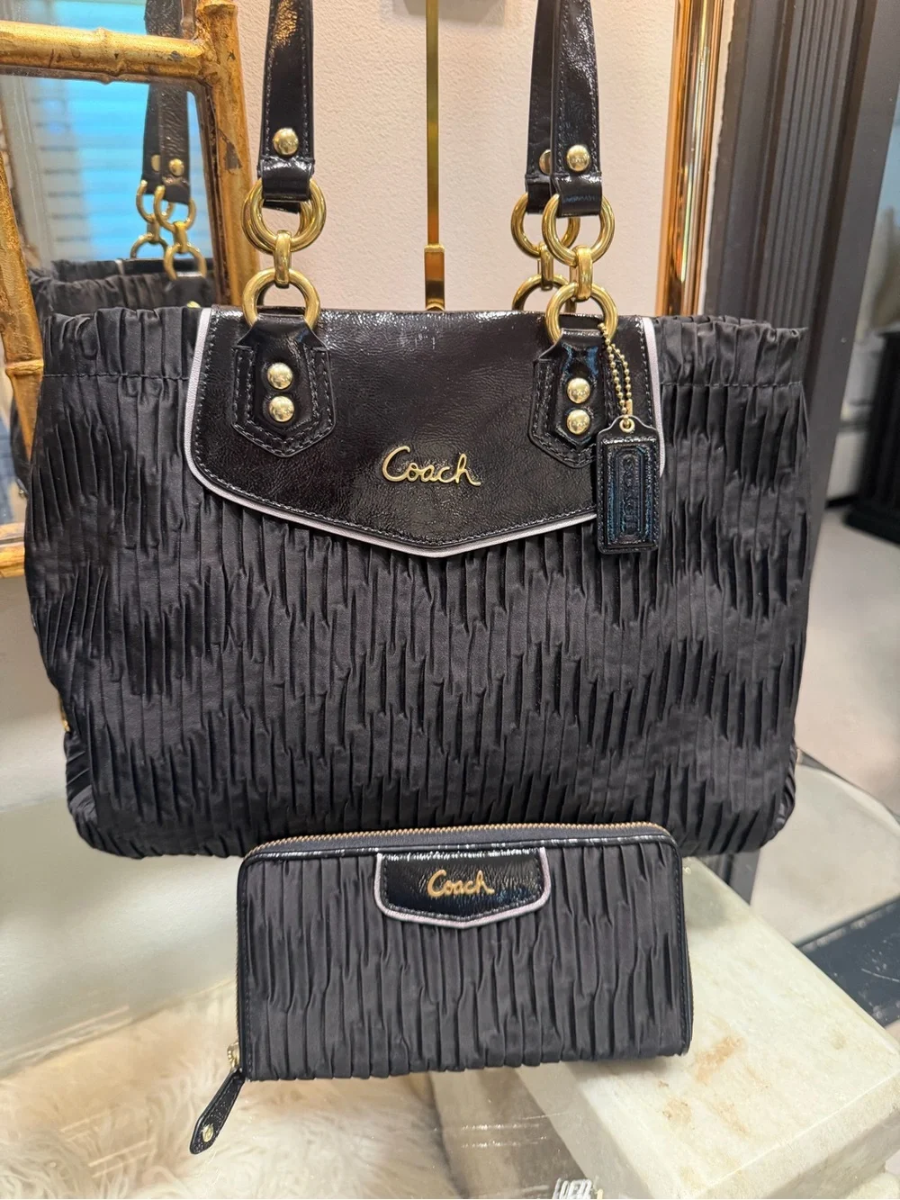 Coach EUC Black Pleated Tote and Wallet Set